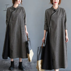 Ingvn - 2023 New Arrival Plaid Buckle Vintage Chinese Style Spring Dress Cheongsam Cotton Linen