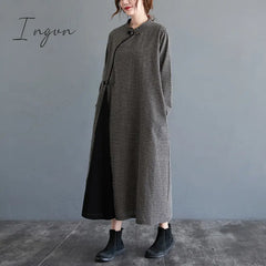 Ingvn - 2023 New Arrival Plaid Buckle Vintage Chinese Style Spring Dress Cheongsam Cotton Linen
