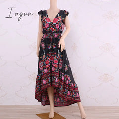 Ingvn - 2023 New Women Summer Boho Beach Maxi Dress Sexy V Neck Vintage Print Long Dresses Casual