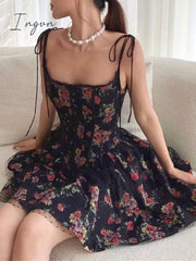Ingvn - 2023 Sexy Women Black Flower Print Spliced Mesh Bra Corset Style Mini Dress Slim Waist