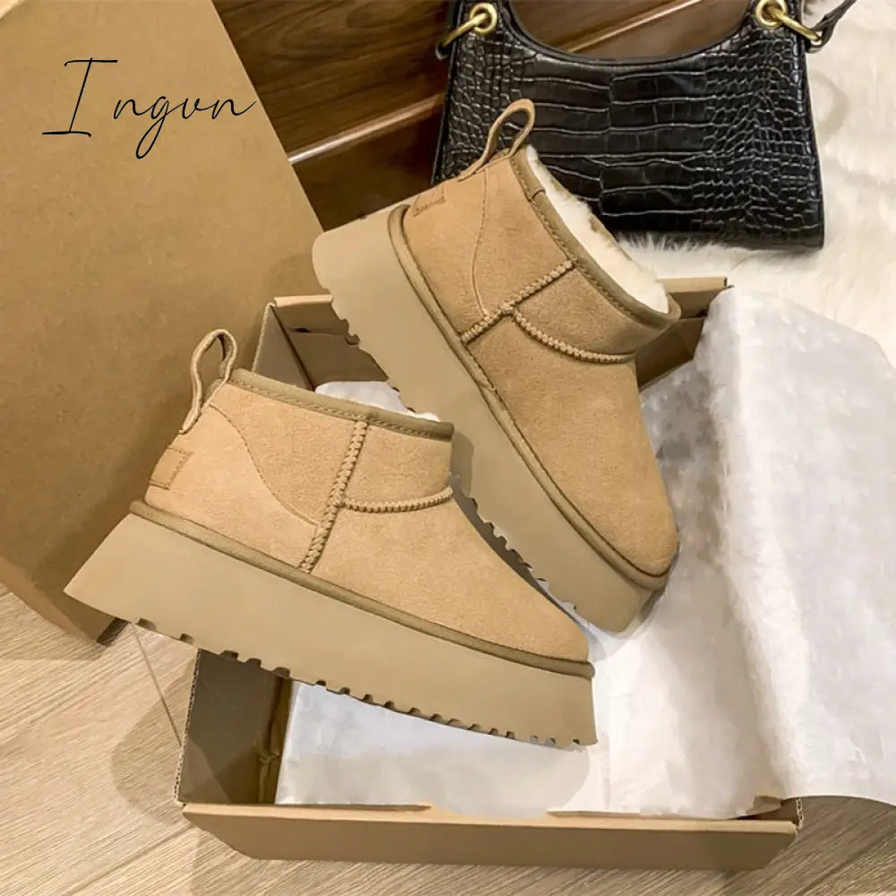 Ingvn - 2023 Sheepskin Wool Comprehensive Anti-Skid Snow Boots Women’s Mini Short Warm Winter
