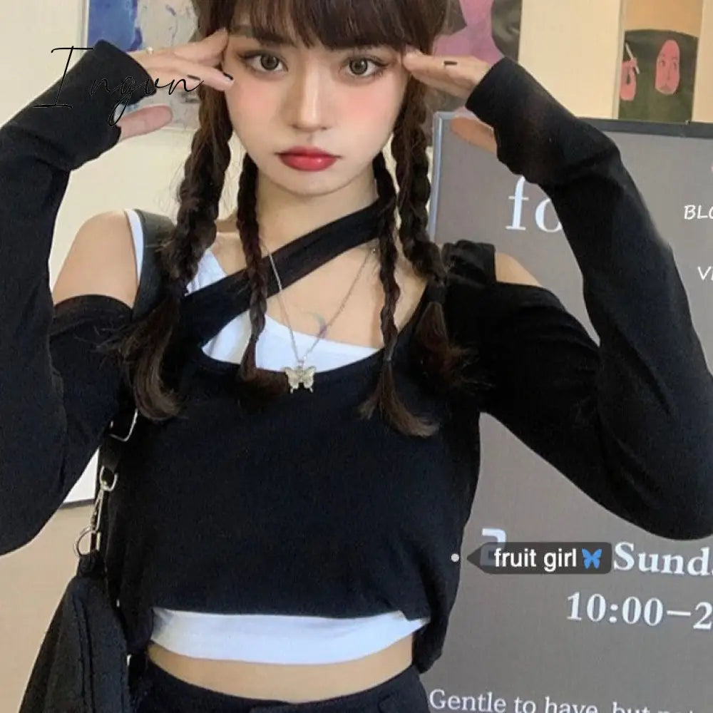 Ingvn - 2023 Shirts For Women Korean Woman Tshirts Chic Fake Two Long Sleeve Off Shoulder Tees Tops
