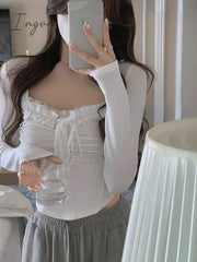 Ingvn - 2023 Spring Basic Lace Y2K Crop Tops Woman Slim Pure Color Korean T-Shirt Office Lady