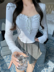 Ingvn - 2023 Spring Basic Lace Y2K Crop Tops Woman Slim Pure Color Korean T-Shirt Office Lady