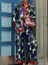 Ingvn - 2023 Spring New Loose Vintage Printed Pajamas Set Loungewear Sleepwear For Women 2 Pieces