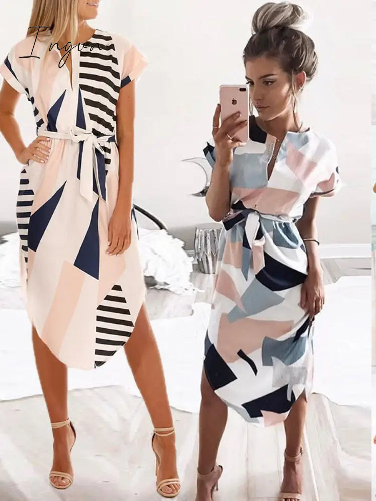 Ingvn - 2023 Summer Beach Maxi Dress Women Floral Print Boho Midi Ruffles Wrap Casual V-Neck Split
