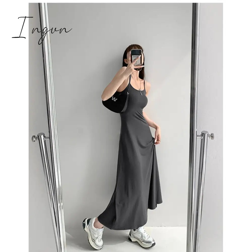 Ingvn - 2023 Summer Grey Dress Womens Straps Sleeveless Sexy Korean Fashion Black Suspender Simple