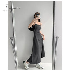 Ingvn - 2023 Summer Grey Dress Womens Straps Sleeveless Sexy Korean Fashion Black Suspender Simple