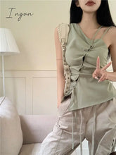 Ingvn - 2023 Summer Korean Bandage Off Shoulder Tanks Y2K Crop Tops Irregular Blouse Casual Elegant