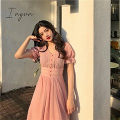 Ingvn - 2023 Summer Mesh Dress Women Puff Sleeve V - Neck A - Line Slim Korean Style Retro