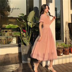 Ingvn - 2023 Summer Mesh Dress Women Puff Sleeve V - Neck A - Line Slim Korean Style Retro