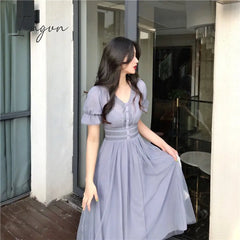 Ingvn - 2023 Summer Mesh Dress Women Puff Sleeve V - Neck A - Line Slim Korean Style Retro
