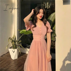 Ingvn - 2023 Summer Mesh Dress Women Puff Sleeve V - Neck A - Line Slim Korean Style Retro