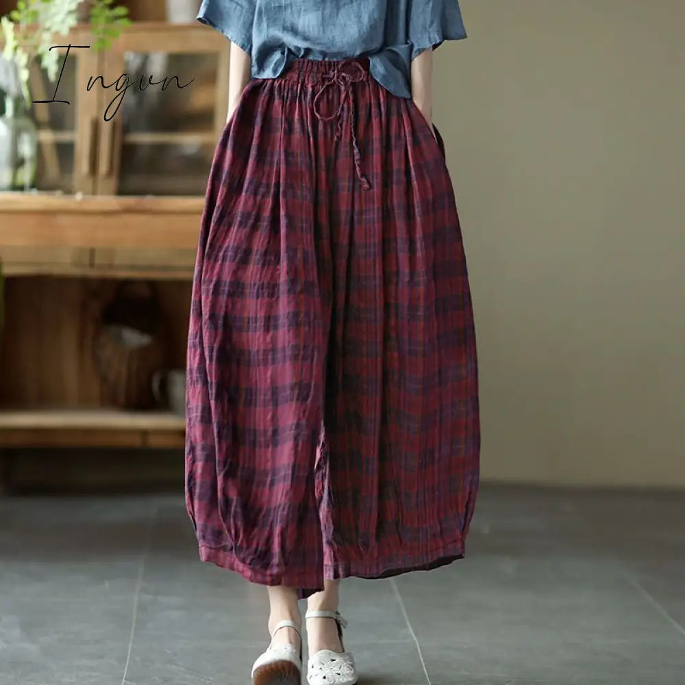 Ingvn - 2023 Summer New Plaid Printing Oversize Lantern Pants Women Elastic Waist Pockets Cotton