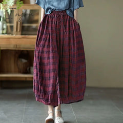 Ingvn - 2023 Summer New Plaid Printing Oversize Lantern Pants Women Elastic Waist Pockets Cotton