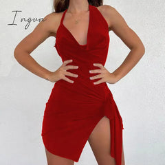 Ingvn - 2023 Summer New Women’s Wear Halter Neck Hollow Strappy Slit Sexy Fashion Dress Backless