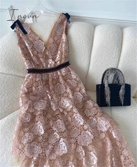 Ingvn - 2023 Summer Pink Women Lace Gauze Dress Mesh Tulle V Neck Bow Tie Rose Embroidery Midi Long