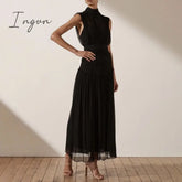 Ingvn - 2023 Summer Women Chiffon Midi Dress Party Stand Collar Sleeveless Pleated Waist Elegant