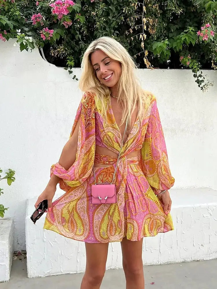 Ingvn - 2023 Summer Women Elegant With Print Hollow Out Mini Dress New Pleated Full Sleeves Tied