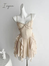 Ingvn - 2023 Summer Women French Ruffle Design Vintage Mini Spaghetti Strap Dress Prom Frocks