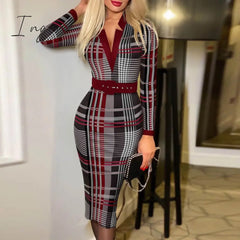 Ingvn - 2023 Trends Fashion Vintage Women Pattern Print Office Dresses Spring Autumn V - Neck Long
