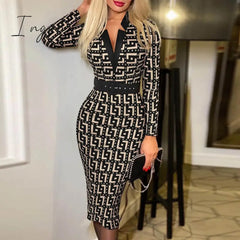 Ingvn - 2023 Trends Fashion Vintage Women Pattern Print Office Dresses Spring Autumn V - Neck Long