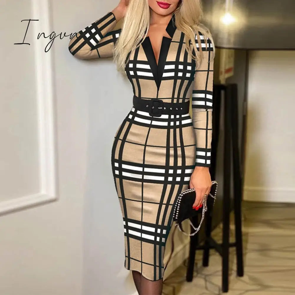 Ingvn - 2023 Trends Fashion Vintage Women Pattern Print Office Dresses Spring Autumn V - Neck Long