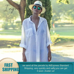 Ingvn - 2023 Woman Shirts Casual Spring Cotton White Shirt Blouse Women Long Sleeve Beach Kimono