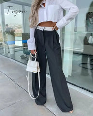 Ingvn - 2023 Women Fashion Side Pockets Patchwork Straight Pants Vintage High Waist Zipper Fly