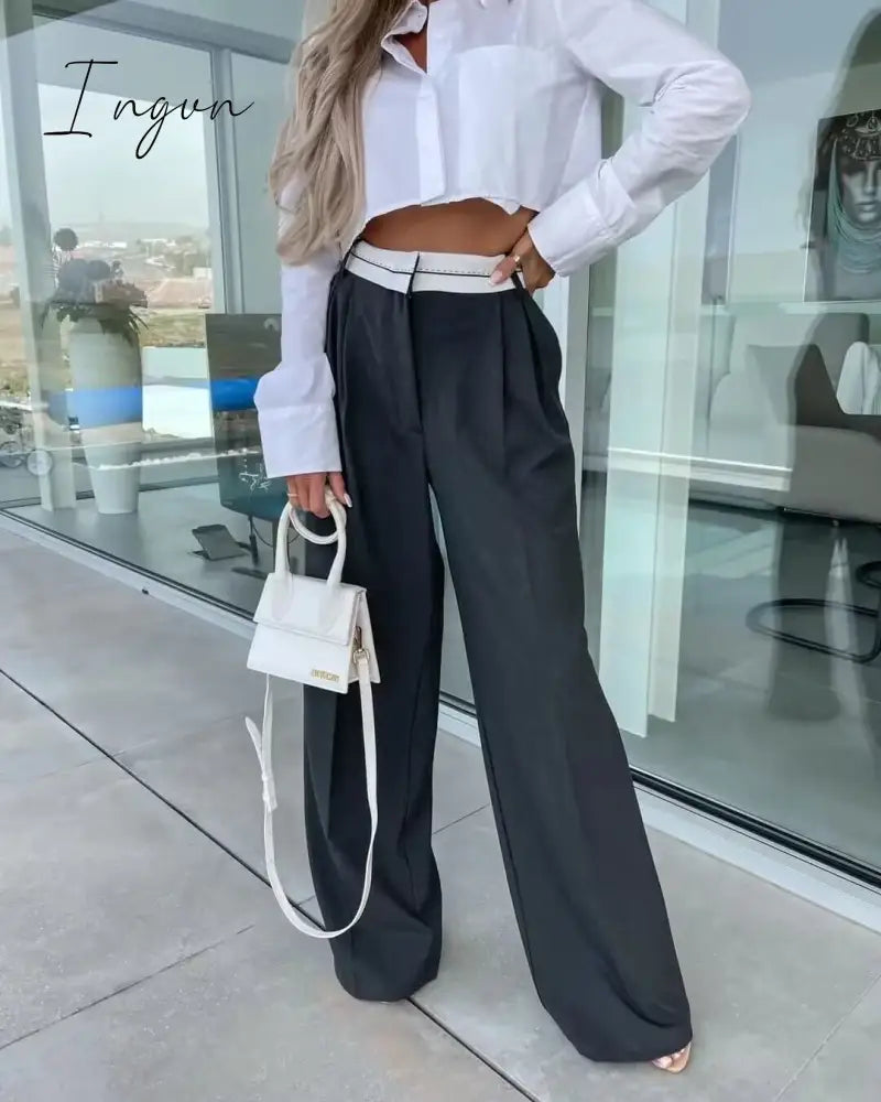 Ingvn - 2023 Women Fashion Side Pockets Patchwork Straight Pants Vintage High Waist Zipper Fly