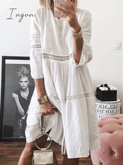 Ingvn - 5Xl New Women Elegant Embroidered Lace Dress White Female Splicing Floral Hollow Out Loose