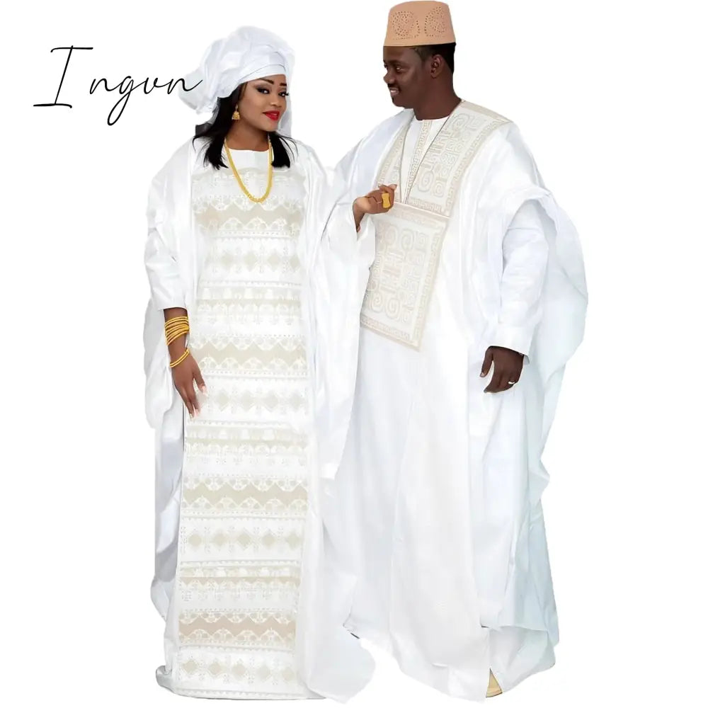 Ingvn - African Dresses For Couples Traditional Bazin Embroidery Floor Length Dress With Scarf