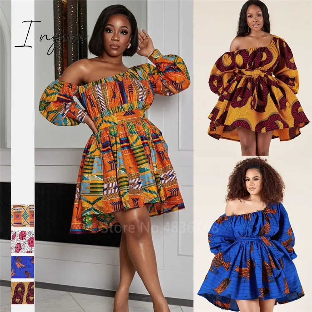 Ingvn - African Dresses For Women Full Sleeve Summer Tilting Shoulder Two Wear Dress Dashiki Print