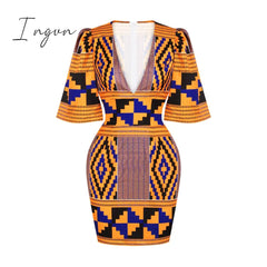 Ingvn - African Dresses For Women New Fashion Summer V - Neck Short Sleeve Printing Dress Clothes