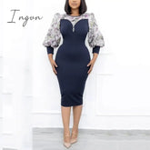 Ingvn - African Fashion Women Dresses Office Style Dot Patchwork Bow High Waist Bodycon Mid Calf