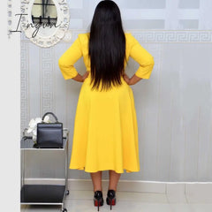 Ingvn - African Fashion Women Dresses Office Style High Waist A Line Yellow Mid Calf Elegant
