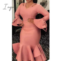 Ingvn - African Fashion Women Dresses Office Style High Waist A Line Yellow Mid Calf Elegant