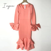 Ingvn - African Fashion Women Dresses Office Style High Waist A Line Yellow Mid Calf Elegant