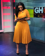 Ingvn - African Style Women Casual Belted Pleated Dress Elegant Chic Office Lady A - Line High