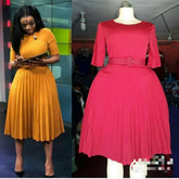 Ingvn - African Style Women Casual Belted Pleated Dress Elegant Chic Office Lady A - Line High