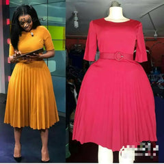Ingvn - African Style Women Casual Belted Pleated Dress Elegant Chic Office Lady A - Line High
