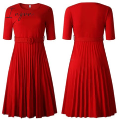 Ingvn - African Style Women Casual Belted Pleated Dress Elegant Chic Office Lady A - Line High