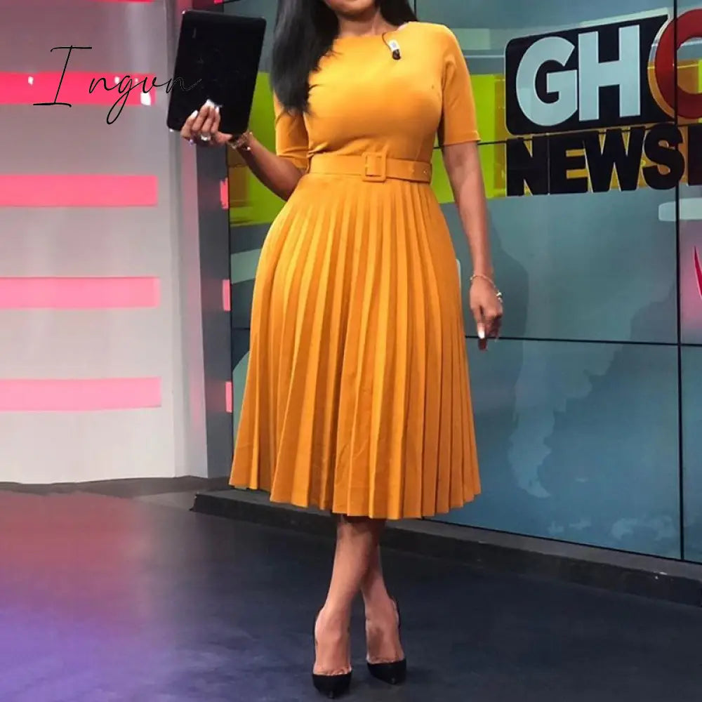 Ingvn - African Style Women Casual Belted Pleated Dress Elegant Chic Office Lady A - Line High