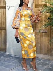 Ingvn - African Women Sun Flower Printed Long Dresses O Neck Lantern Sleeve High Waist Sheath Gowns