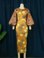 Ingvn - African Women Sun Flower Printed Long Dresses O Neck Lantern Sleeve High Waist Sheath Gowns
