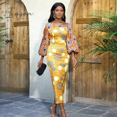 Ingvn - African Women Sun Flower Printed Long Dresses O Neck Lantern Sleeve High Waist Sheath Gowns