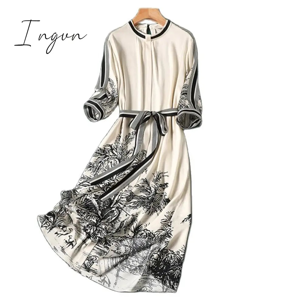 Ingvn - Apricot Striped Print Chiffon Vintage Lace Up Long Sleeve A-Line Women’s Dress Korean