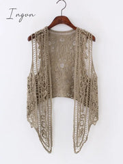 Ingvn - Asymmetric Open Stitch Cardigan Summer Beach Boho Hippie People Style Crochet Knit