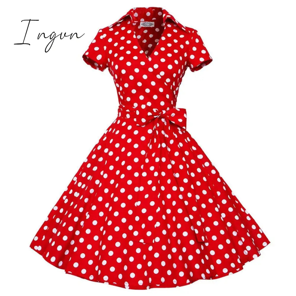 Ingvn - Audrey Hepburn Summer Dress Women Polka Dot Vintage Swing Robe Rockabilly Housewife Retro