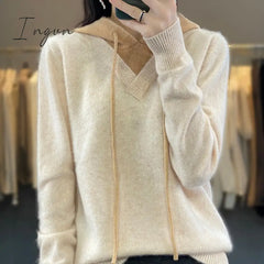 Ingvn - Autumn And Winter 2023 New 100% Merino Wool Women’s Knitted Hooded Pullover Casual Color